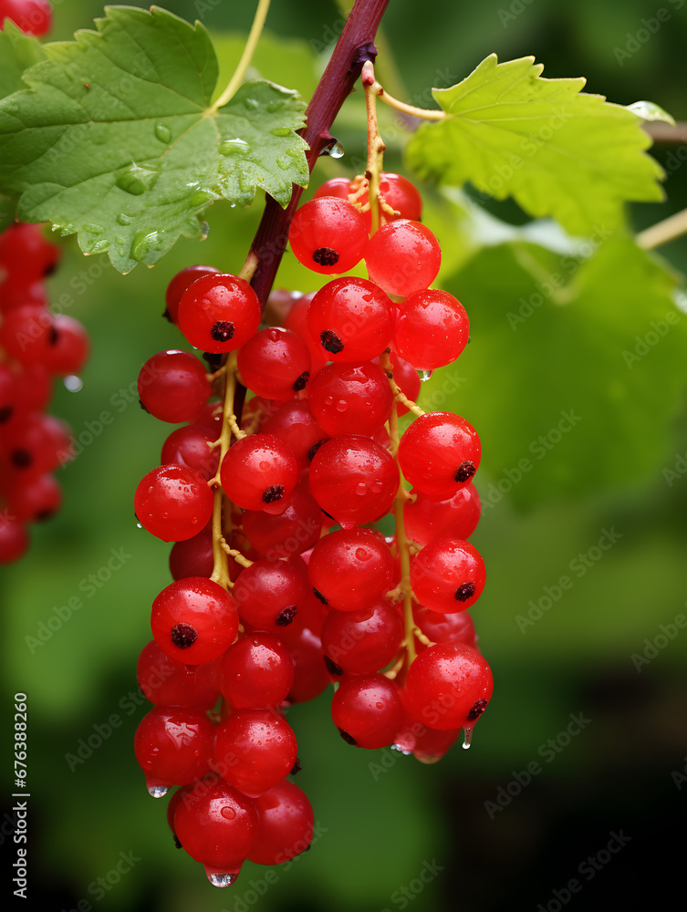 Red ripe currant berries on a branch, blurred background Red ripe currant berries on a branch, blurred background