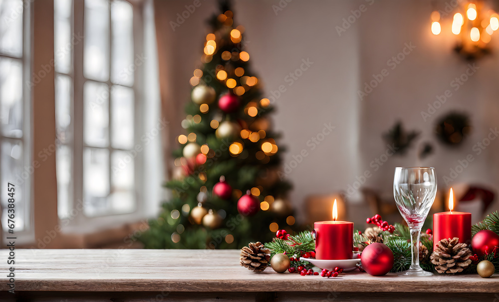Wooden table, blurred Christmas background