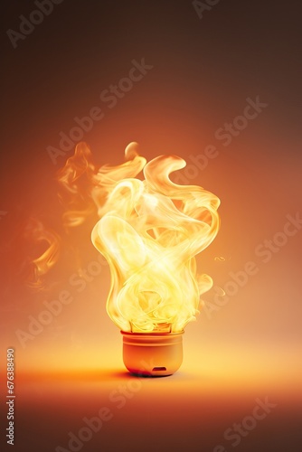 Electric bulb in fire flames on black background. Bright flamy symbol. Creative idea or brainstorm concept for design, card, banner. Energy power and danger concept