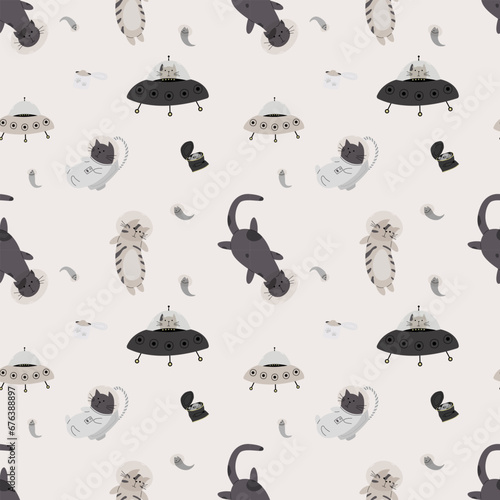 Seamless pattern with various astronaut cats in helmets, spacesuits playing among the stars in space. Vector illustration

