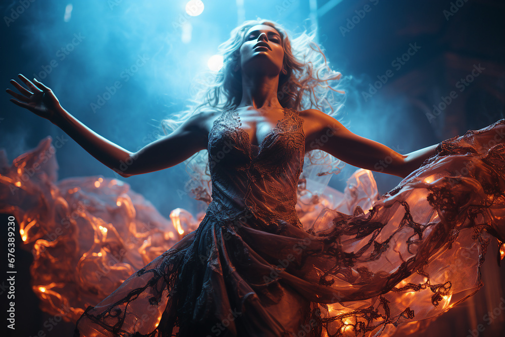 Generative ai creative collage of charming gorgeous lady in fiery gown dance for magical ritual