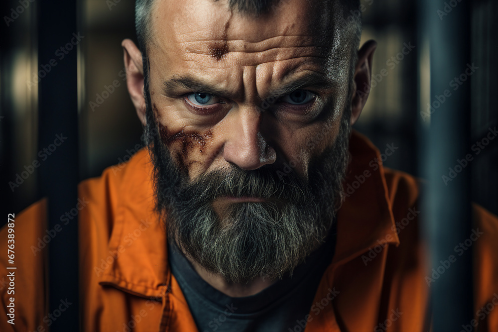 Generative AI portrait of criminal person trapped jailed wearing orange prison uniform