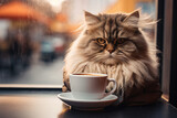 Extravagant fluffy pet drinking his morning coffee portion in modern cafeteria Generative AI