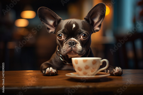 Extravagant fluffy pet drinking his morning coffee portion in modern cafeteria Generative AI photo
