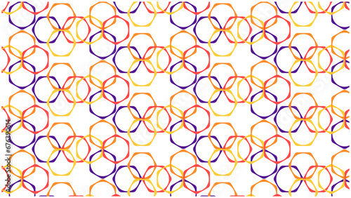 A collection of hexagons that form a pattern with inner circles colored red, orange, yellow and purple provide a unique background.