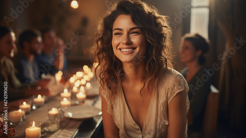 Beautiful woman clapping hands while sitting at dinner table with friends. Female at a gala dinner party with people at dining table