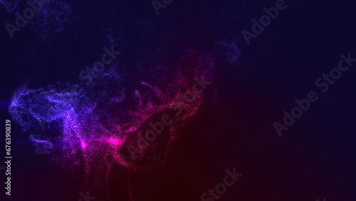 Abstract and technological purple background. Illustration of moving particles with wave effects. 3D grid surface. 3D grid surface