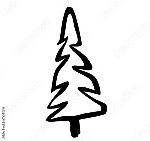 Doodle Pine tree sketch. PNG element. Outline silhouette. Hand drawn style