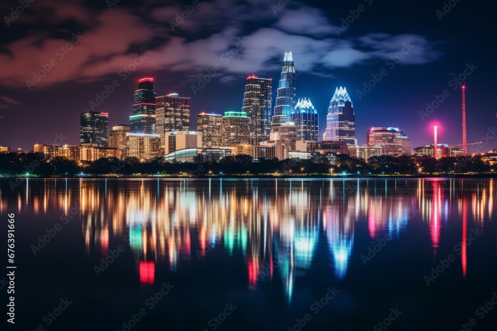 Holiday Lights Adorn the City Skyline Creating a Stunning Reflection on the River