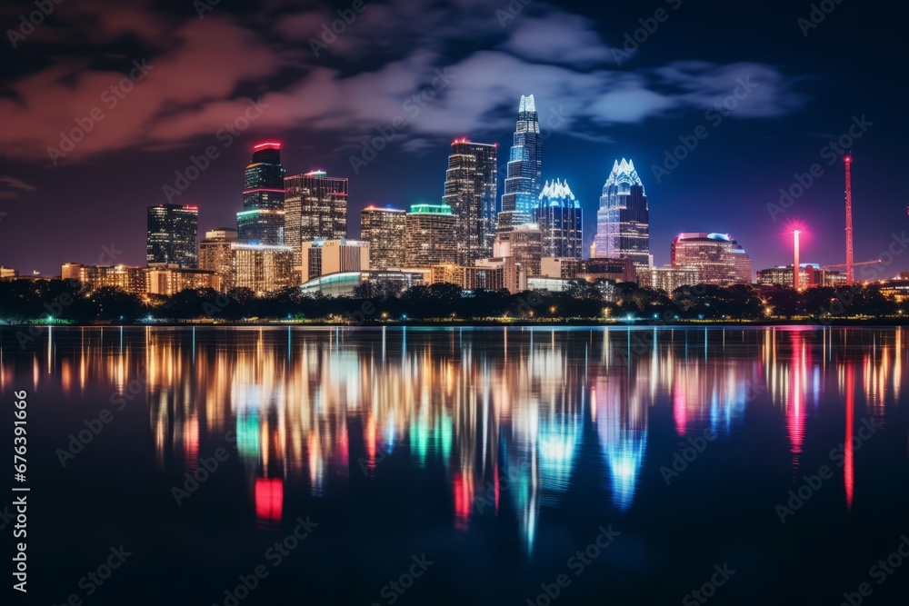 Fototapeta premium Holiday Lights Adorn the City Skyline Creating a Stunning Reflection on the River