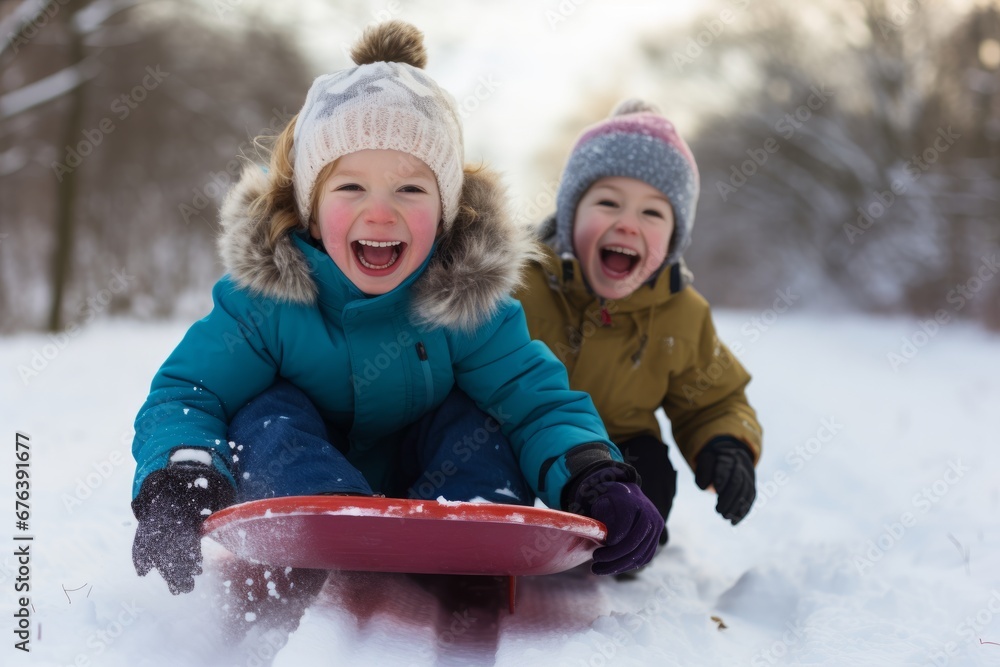 Christmas Joy: Kids Having Fun Sledding in a Snowy Park Adorned with Holiday Decorations Christmas Joy: Kids Having Fun Sledding in a Snowy Park Adorned with Holiday Decorations