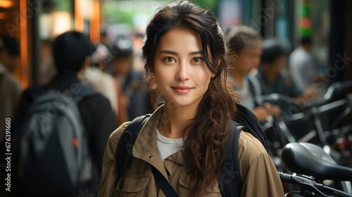 Asian businesswoman go to work at office stand and smiling wear backpack look at camera with bicycle on street around building on a city