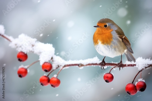 A charming robin sitting on a snow-laden branch amidst the tranquil winter scenery during the festive season © aicandy