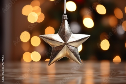 Glowing Silver Star Ornament Reflecting the Warm Christmas Lights