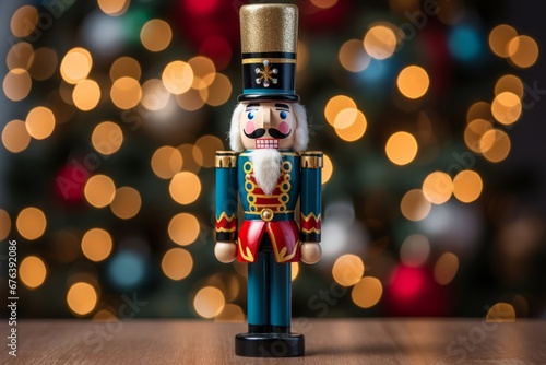 Festive Scene Featuring a Handcrafted Wooden Nutcracker Surrounded by Christmas Lights and Snowfall