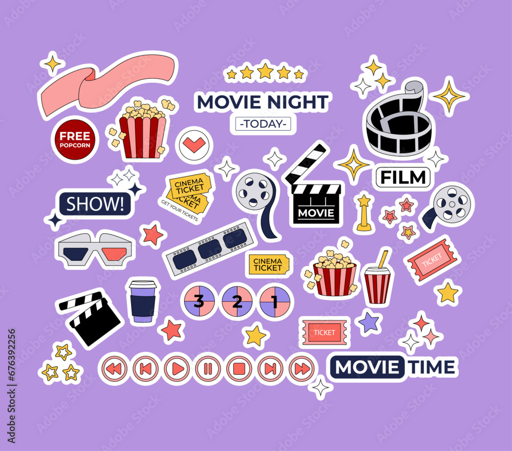 Collection of movie stickers in trendy retro style. Cinema items, objects, popcorn, mascot, film in 2000s illustration. Vector Collection of movie stickers in trendy retro style. Cinema items, objects, popcorn, mascot, film in 2000s illustration. Vector