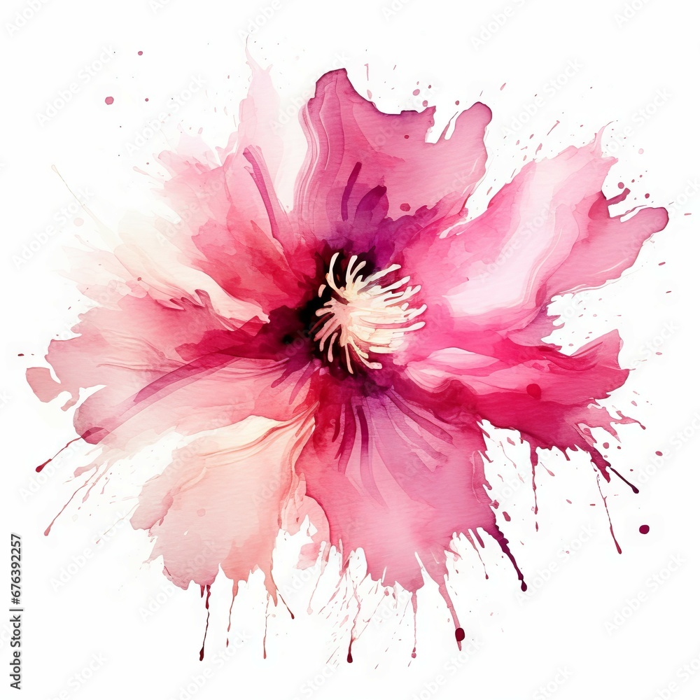 Bright pink hibiscus flower art isolated on white background. Vector watercolor illustration. Watercolor painting of a beautiful colorful flower.
