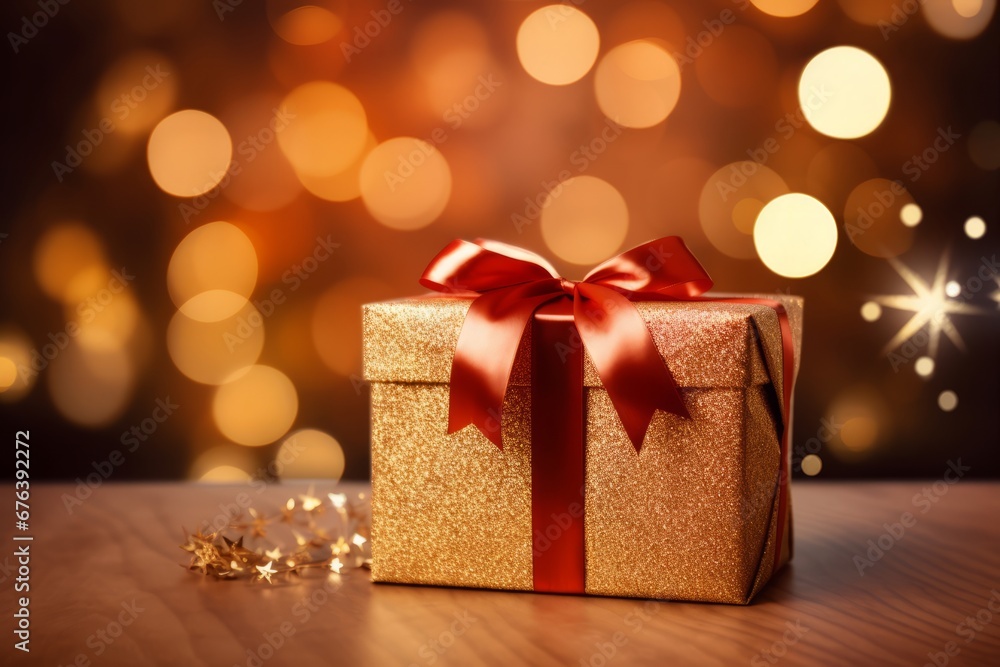 A vibrant red bow adding the finishing touch to a Christmas present nestled under a lit-up tree A vibrant red bow adding the finishing touch to a Christmas present nestled under a lit-up tree