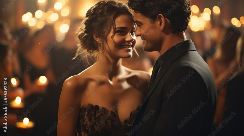 Beautiful couple at a gala night. man with his girlfriend at a party night