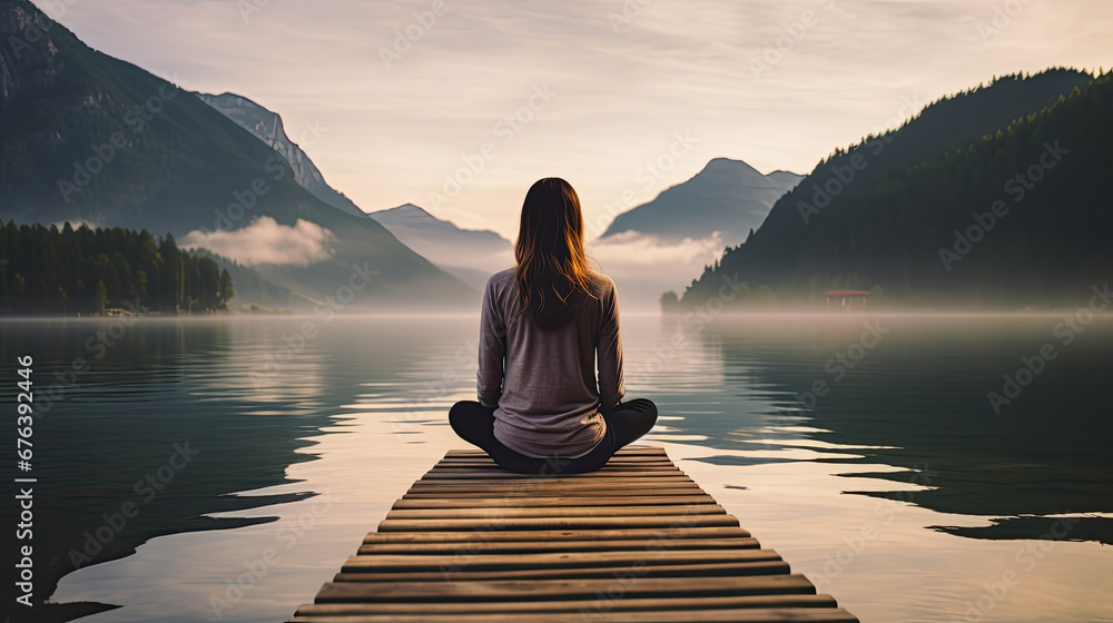 Fototapeta premium Young woman meditating on a wooden pier on the edge of a lake to improve focus. AI Generative
