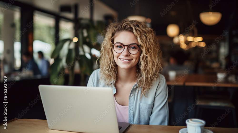 Beautiful young woman working on a laptop in a cafe, young woman wearing glasses working in a cafe Beautiful young woman working on a laptop in a cafe, young woman wearing glasses working in a cafe