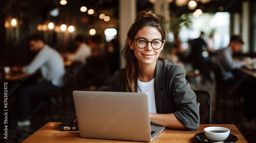 Beautiful young woman working on a laptop in a cafe, young woman wearing glasses working in a cafe
