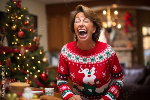 Joyous lady in a quirky Christmas sweater featuring reindeer and snowflakes patterns sitting comfortably in her decorated living room