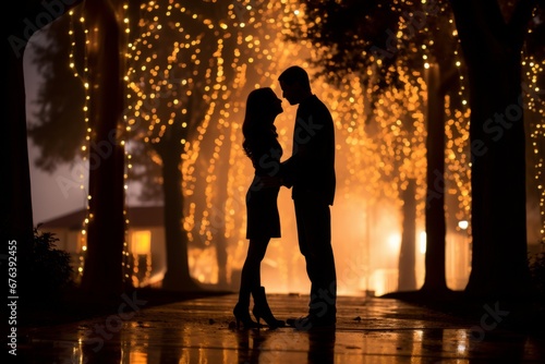 The enchanting silhouette of a couple in love set against the dazzling display of holiday lights © aicandy
