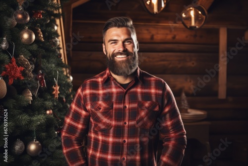 Cheerful bearded man in festive red-green plaid shirt against a rustic wooden background celebrating Christmas photo