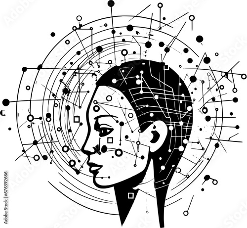 Technology Generative AI Circuit Head Outline Icon In Hand-drawn Style