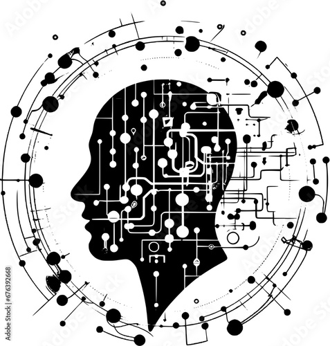 Technology Generative AI Circuit Head Outline Icon In Hand-drawn Style