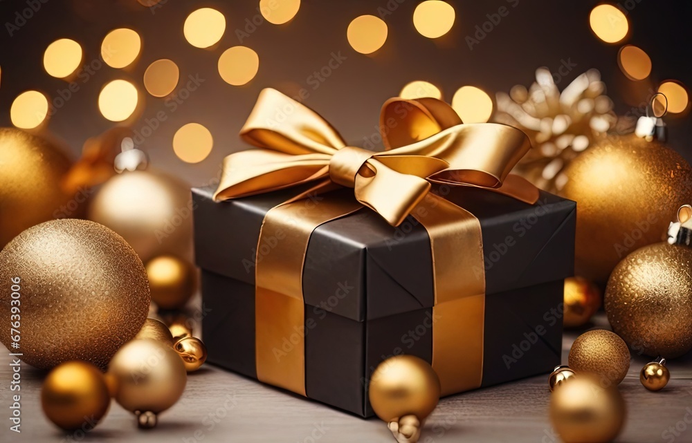 Christmas gift box with golden bow and decoration on bokeh background Christmas gift box with golden bow and decoration on bokeh background