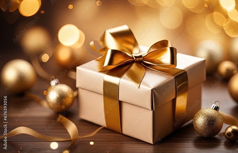 Christmas gift box with golden bow and decoration on bokeh background Christmas gift box with golden bow and decoration on bokeh background