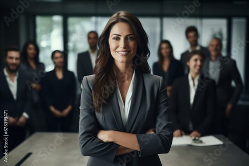 Female CEO confidently leading diverse boardroom meeting in office Women in top executive positions photo