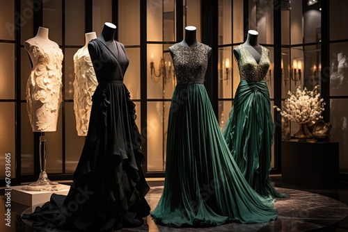 Elegant evening gown display in a high-end fashion boutique.