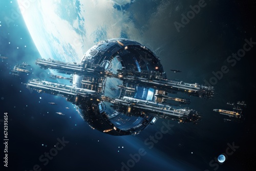 Futuristic space station orbiting a planet in a distant galaxy. photo