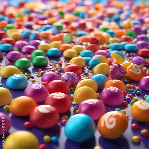 Colorful candies are falling on the tabletop, forming a colorful mound.