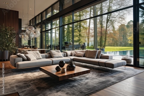 Luxury modern home interior with designer furniture and large windows.