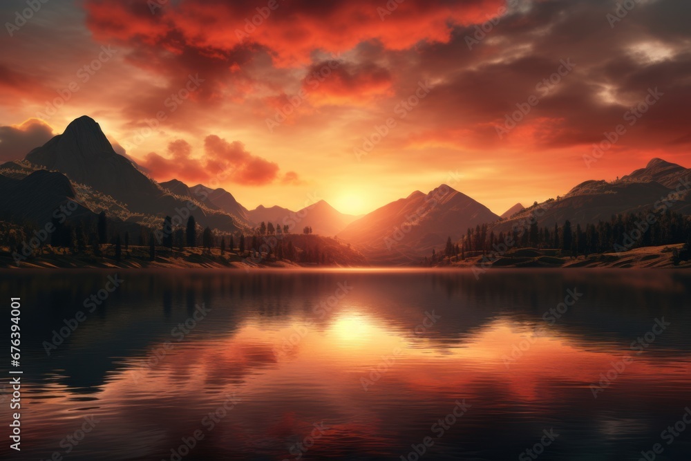 Panoramic sunset over a tranquil mountain lake. Panoramic sunset over a tranquil mountain lake.