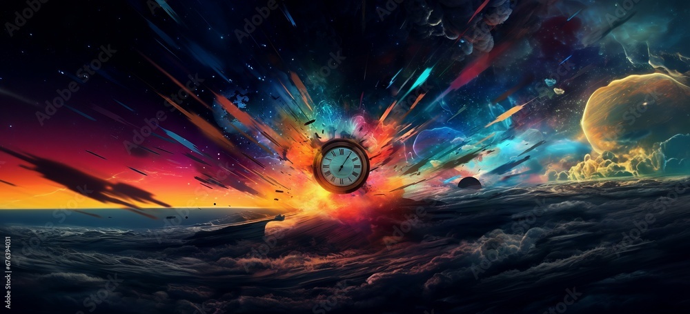 Time is running out of time. Time is running out concept. Abstract background with clock and fire effect, 3d render illustration. Fantasy landscape with a clock with colorful background - obrazy, fototapety, plakaty 