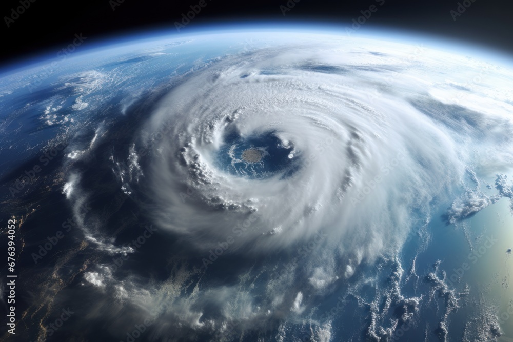 Satellite view of a hurricane from space approaching land.