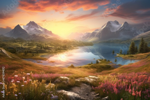Panoramic mountain landscape with lake and wildflowers at sunrise.
