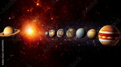 Solar system with planets  stars and galaxies in a free space. Planets in space. Solar system. Science fiction art. Planets and galaxy  science fiction wallpaper. Beauty of deep space.