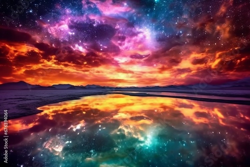 Beautiful fantasy landscape with starry sky and reflection in the water. Fantasy colorful landscape with a lake and stars in the sky at night. Landscape with milky way and reflection in lake at sunset