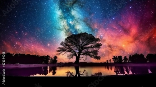 Milky Way over a lake with a tree and reflection in it. Tree on the background of the starry sky and milky way.  Beautiful landscape  with an  Old Tree in the colorful night sky with stars at sky © Valua Vitaly