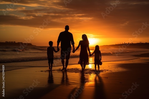Silhouetted family holding hands at sunset on the beach. © Bijac