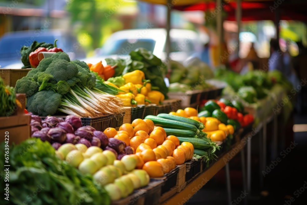 Vibrant farmers market with fresh fruits and vegetables on display.