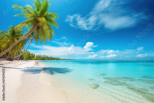 Tropical beach paradise with white sand, turquoise water, and palm trees.