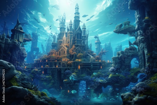 Underwater city on an ocean planet with exotic marine life.