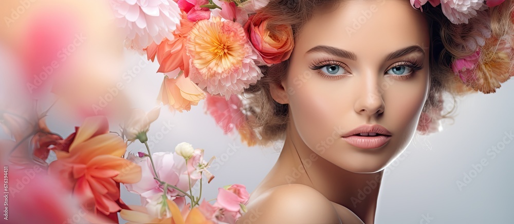 In the isolated white space a beautiful model with flawless skin and colorful makeup stands against a background of delicate flowers accentuating her natural beauty The light softly illumina